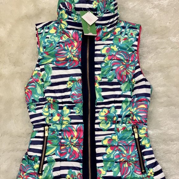 218.00 NWT LILLY PULITZER SYD REVERSIBLE DOWN VEST PARADISIO FLORAL STRIPE - Picture 4 of 6